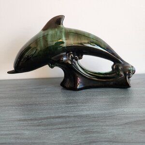 Vintage Blue Mountain Pottery Dolphin Figurine Green Drip Glaze 12” Canada